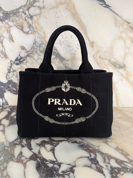 Prada Handbags - Prada Black Canvas Mini Tote with White Logo